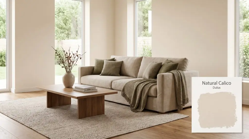 Warm oak flooring and linen upholstery complement walls painted in Dulux Natural Calico (Hex #ECE2D2) illuminated by soft natural daylight.
