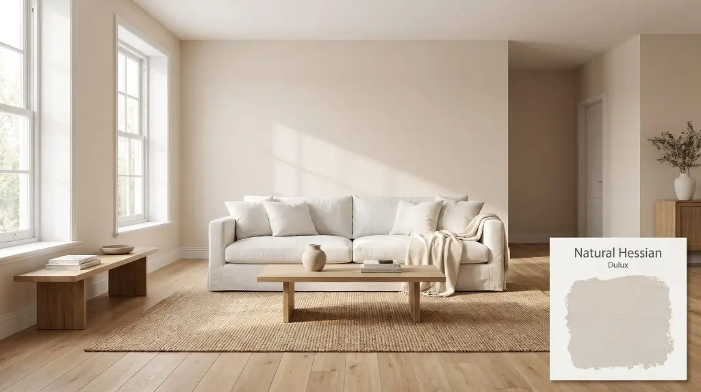 A white linen sofa sits on natural oak flooring against walls painted in Dulux Natural Hessian (Hex #E1D5C6) under soft morning light.