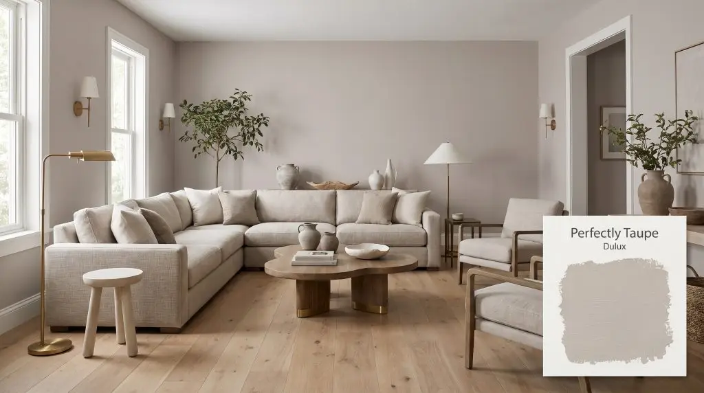 Natural oak flooring and linen upholstery complement walls painted in Dulux Perfectly Taupe (Hex #C5BEBA), highlighted by chalky white trim and brushed brass fixtures.