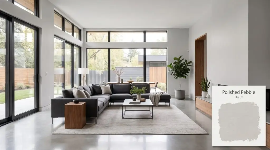 A sleek charcoal sectional rests on polished concrete floors within a modern open-plan living room painted in Dulux Polished Pebble (Hex #D8D8D7).