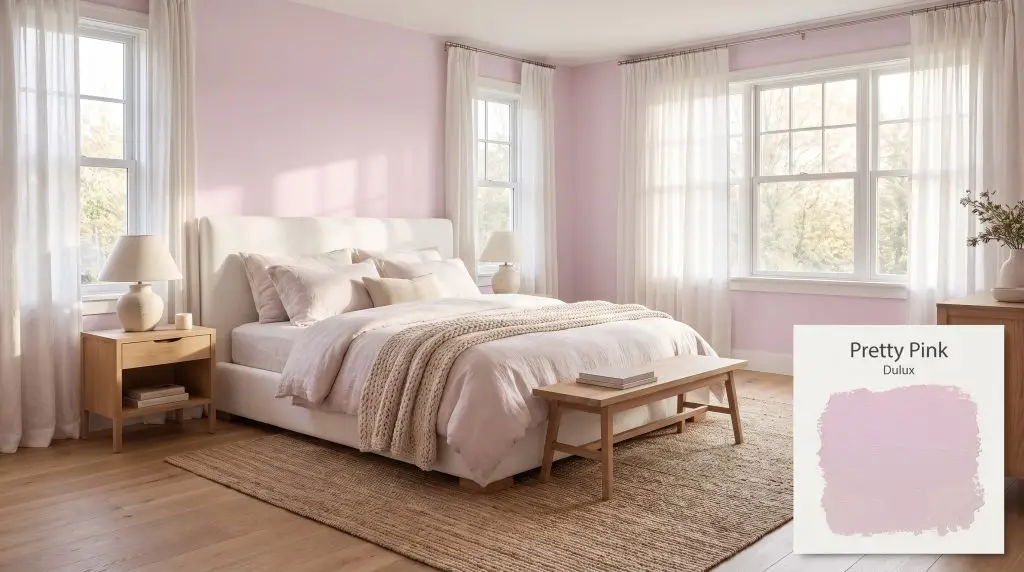 Sunlight streams across a plush white bed and light oak flooring in a bedroom painted in Dulux Pretty Pink (Hex #E4D2E2).