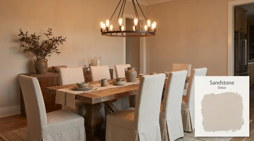 A reclaimed wood dining table and linen slipcovered chairs are framed by warm beige walls finished in Dulux Sandstone (Hex #D8C7B2).