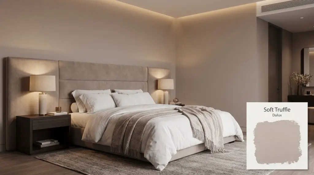 A plush upholstered headboard and crisp white linens anchor a sophisticated bedroom enveloped in Dulux Soft Truffle (Hex #B9A99F) walls.