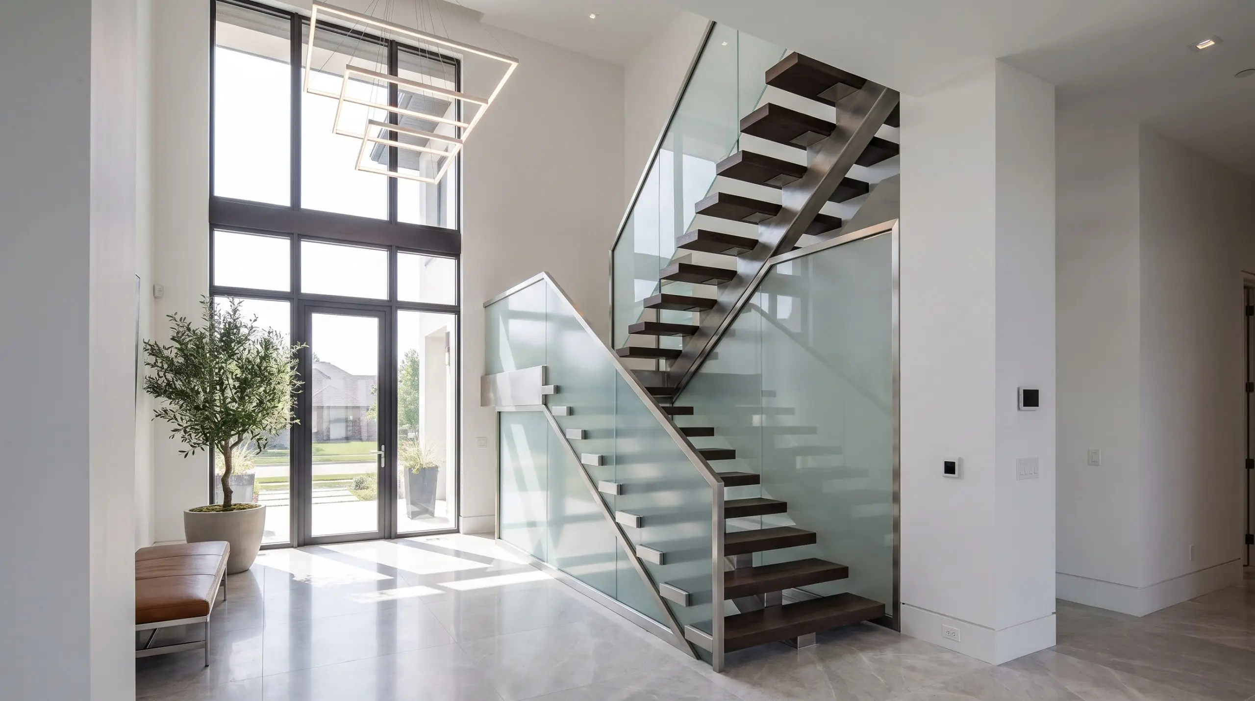 Partially frosted electrochromic smart glass panels serve as a staircase balustrade near a massive modern entryway window, large geometric chandelier, and polished stone floors.