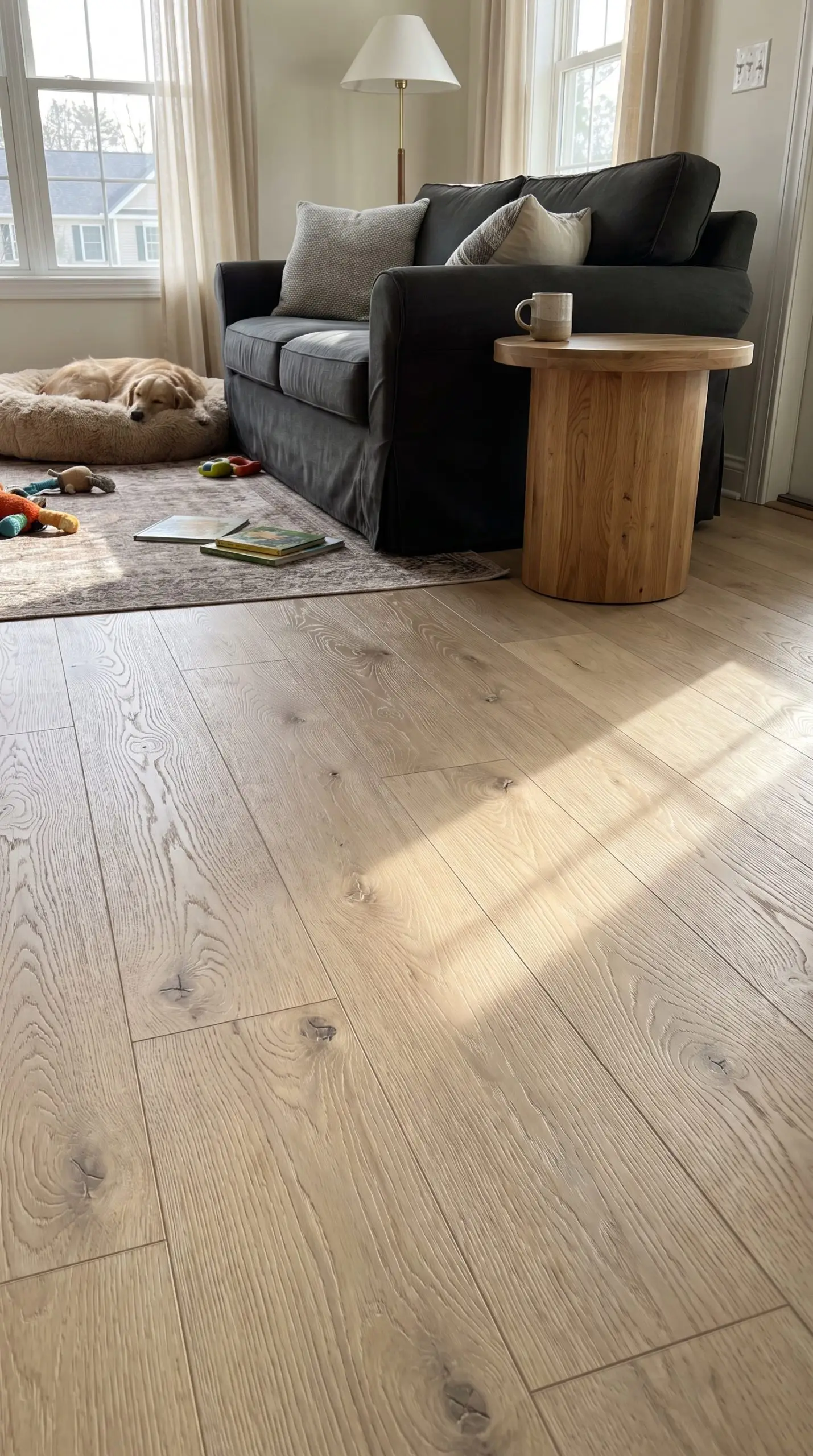 Un divano antracite sfoderabile poggia su un pavimento in LVT sincronizzato (EIR) a effetto rovere naturale, perfetta sintesi delle tendenze pavimenti 2027.