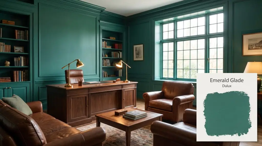 A dark walnut desk and rich leather seating stand out against deep jewel-toned green walls finished in Dulux Emerald Glade (Hex #2F7769).