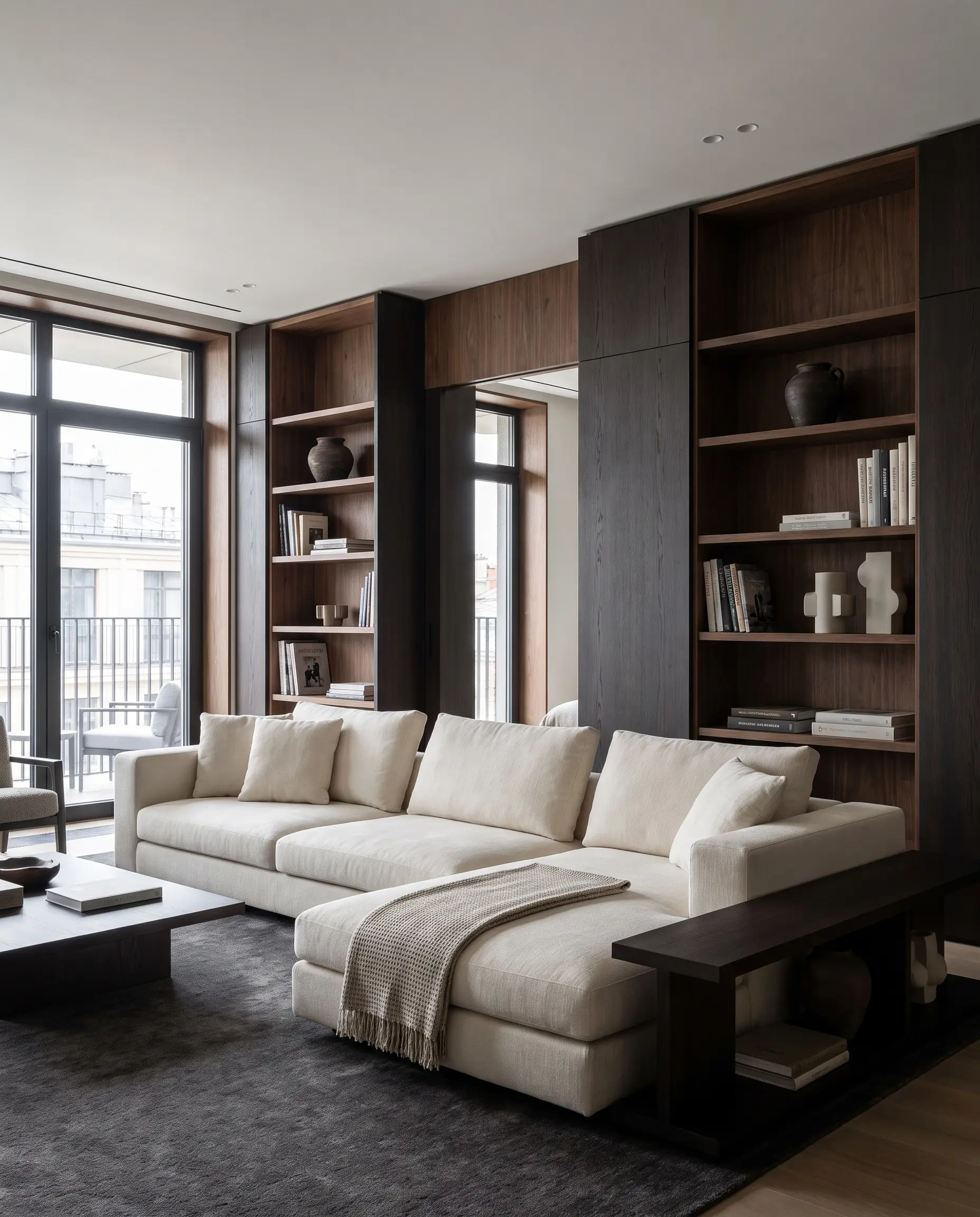 Dark espresso-stained oak and solid American walnut built-in shelving display curated books and matte ceramics behind massive low-profile cream seating.