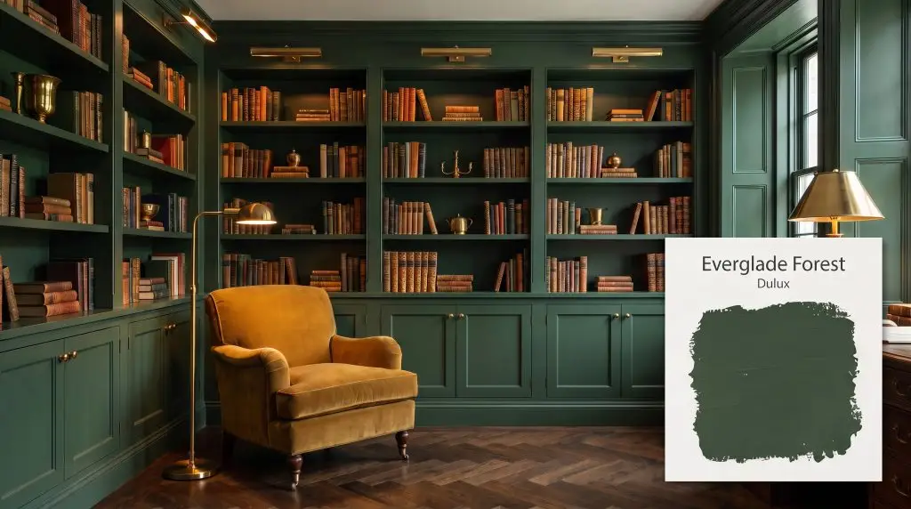 Built-in bookshelves painted in Dulux Everglade Forest (Hex #304B38) surround a velvet mustard armchair and dark herringbone wood floors in a traditional library.