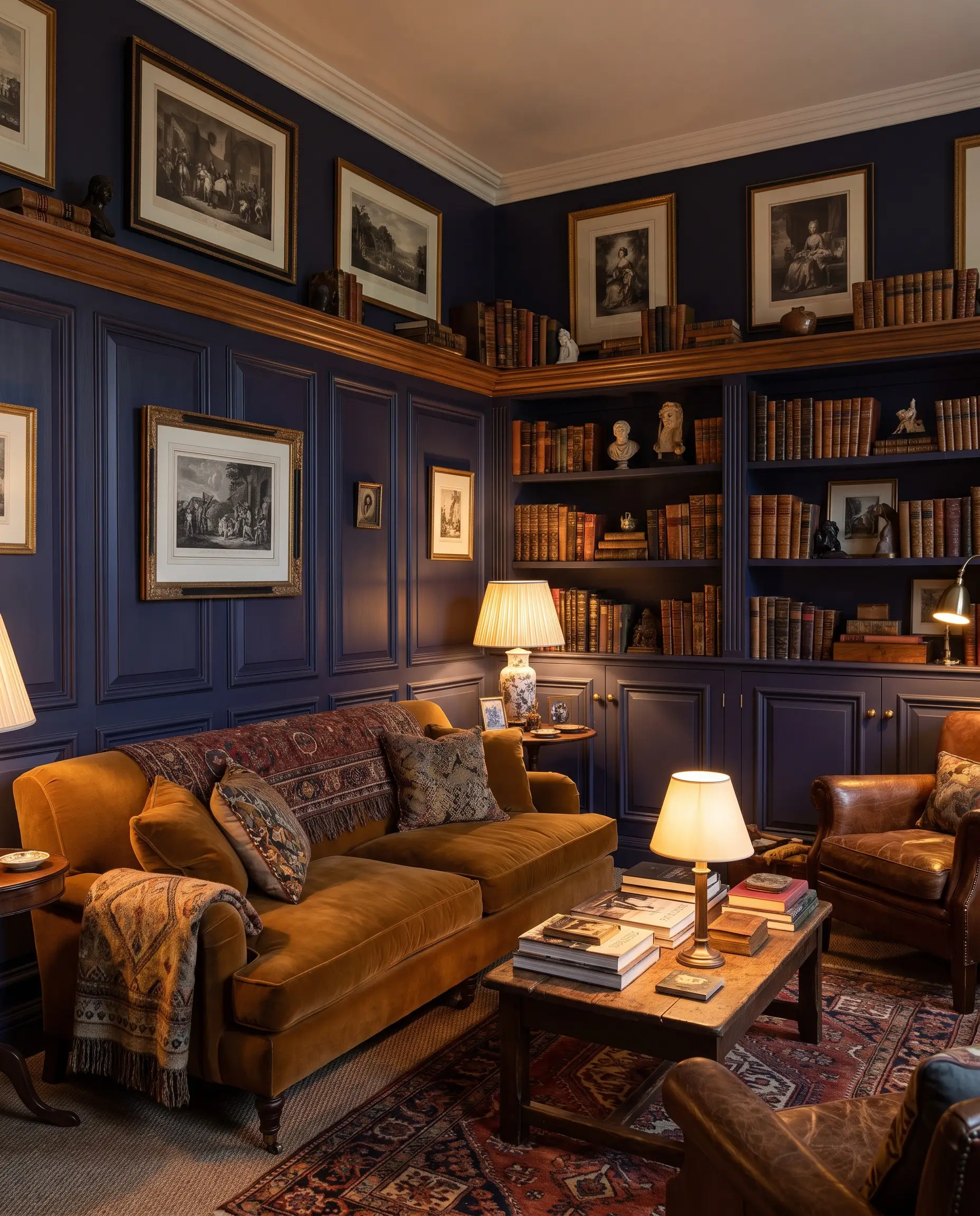 Solid wood paneling with heavy bolection moldings extends three-quarters up the wall behind a modern low-slung sofa in an intimate study.
