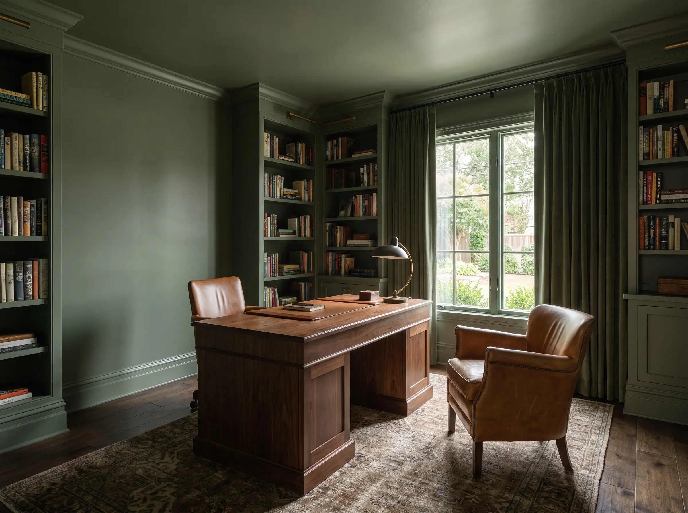 Plinthes, murs et plafond peints dans la teinte Green Smoke de Farrow and Ball enveloppent un bureau en noyer foncé et un fauteuil en cuir caramel.