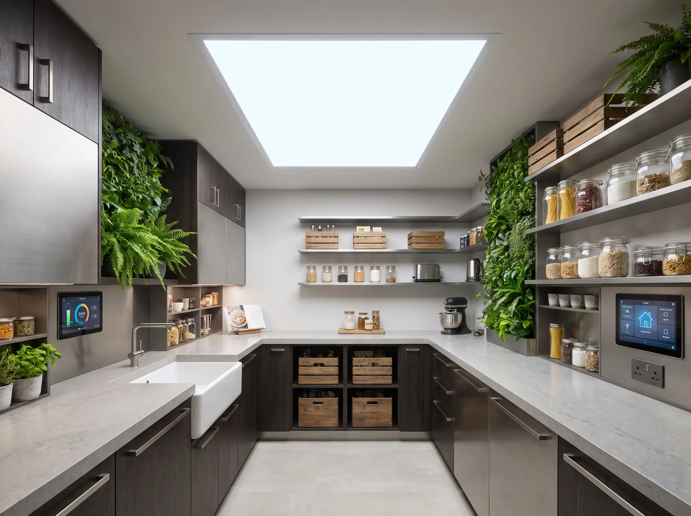 A faux skylight LED panel in the ceiling casts crisp light over bespoke cabinetry, sweeping stone countertops, and a dedicated prep sink in a windowless room.