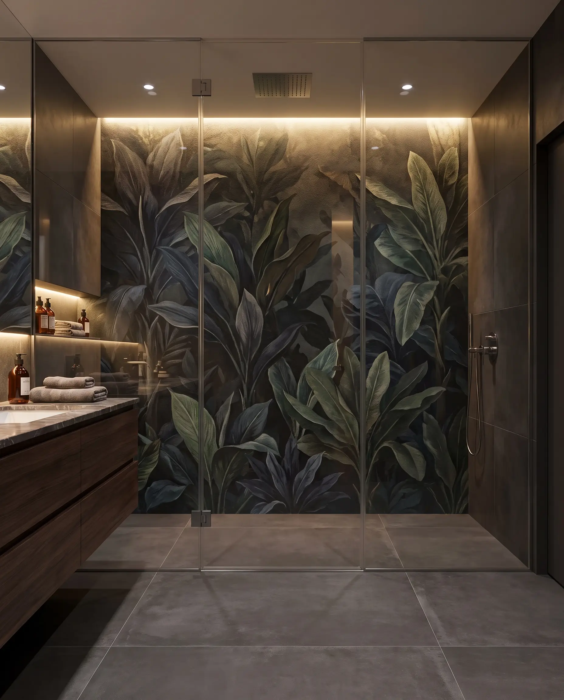 An oversized botanical print fiberglass-backed waterproof wall mural lines the glass shower enclosure beside a sleek floating vanity and matte floor tiles.
