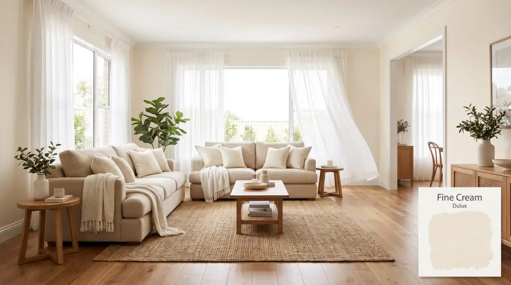 A plush beige sofa sits gracefully on warm timber flooring in a bright living room finished in Dulux Fine Cream (Hex #F6F2E5).