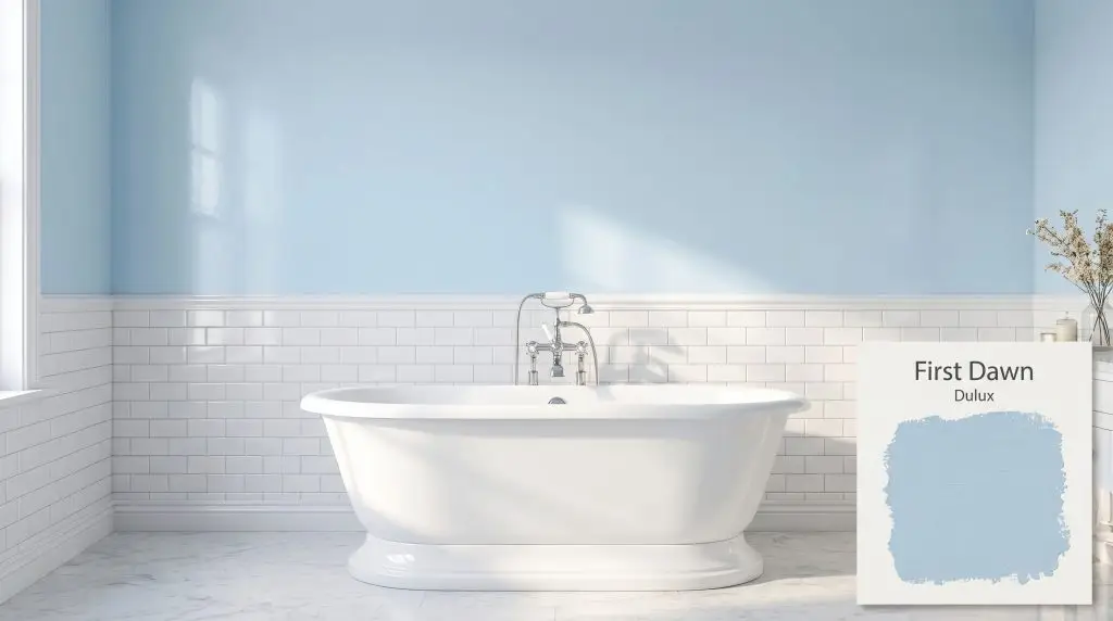 A freestanding soaking tub and polished chrome fixtures sit elegantly alongside pale blue First Dawn (Hex #AFD2E5) walls and subway tile.