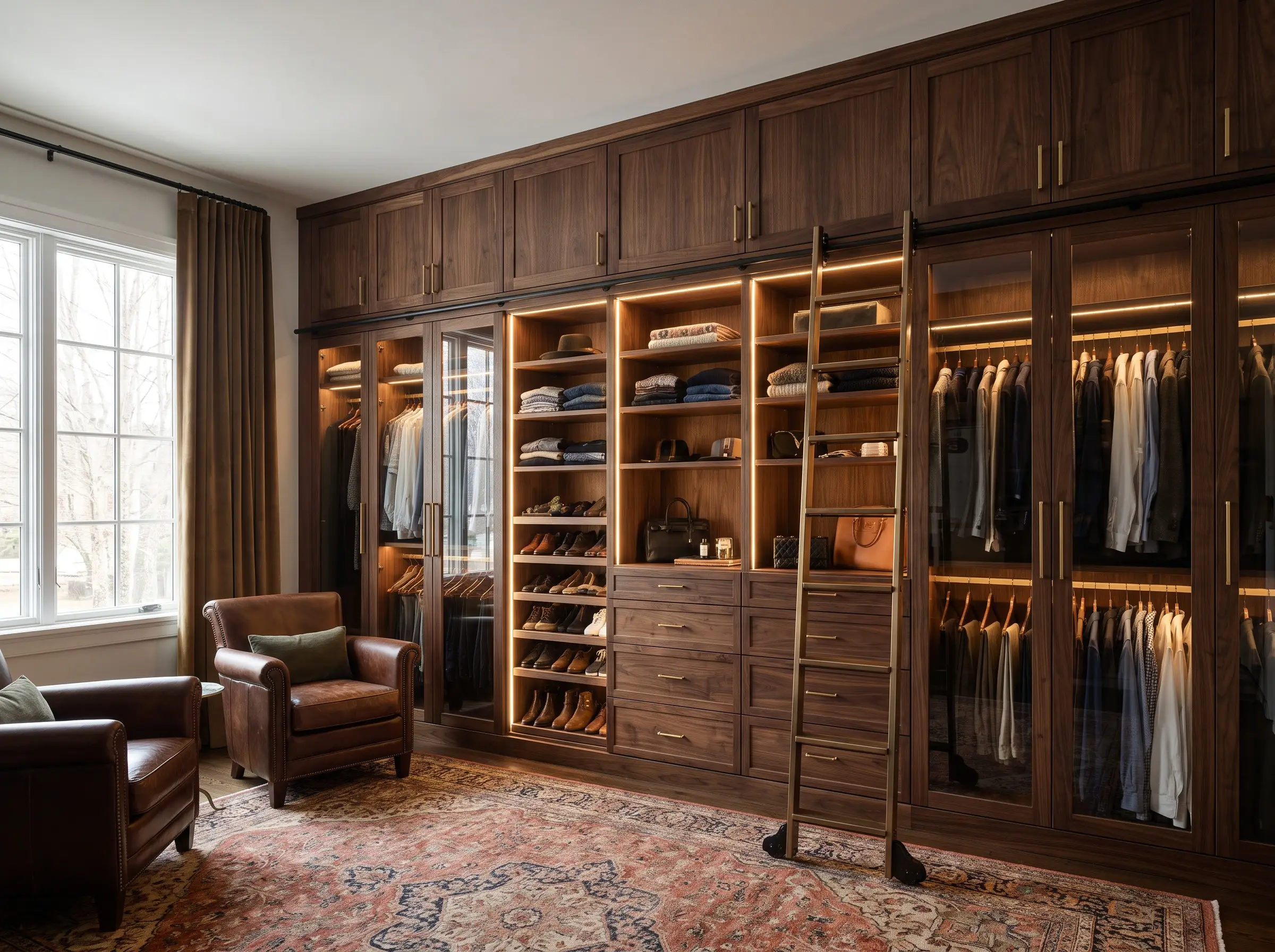 Floor-to-ceiling custom millwork and a rolling metal library ladder on matte black tracks define these 2027 closet and wardrobe design trends.