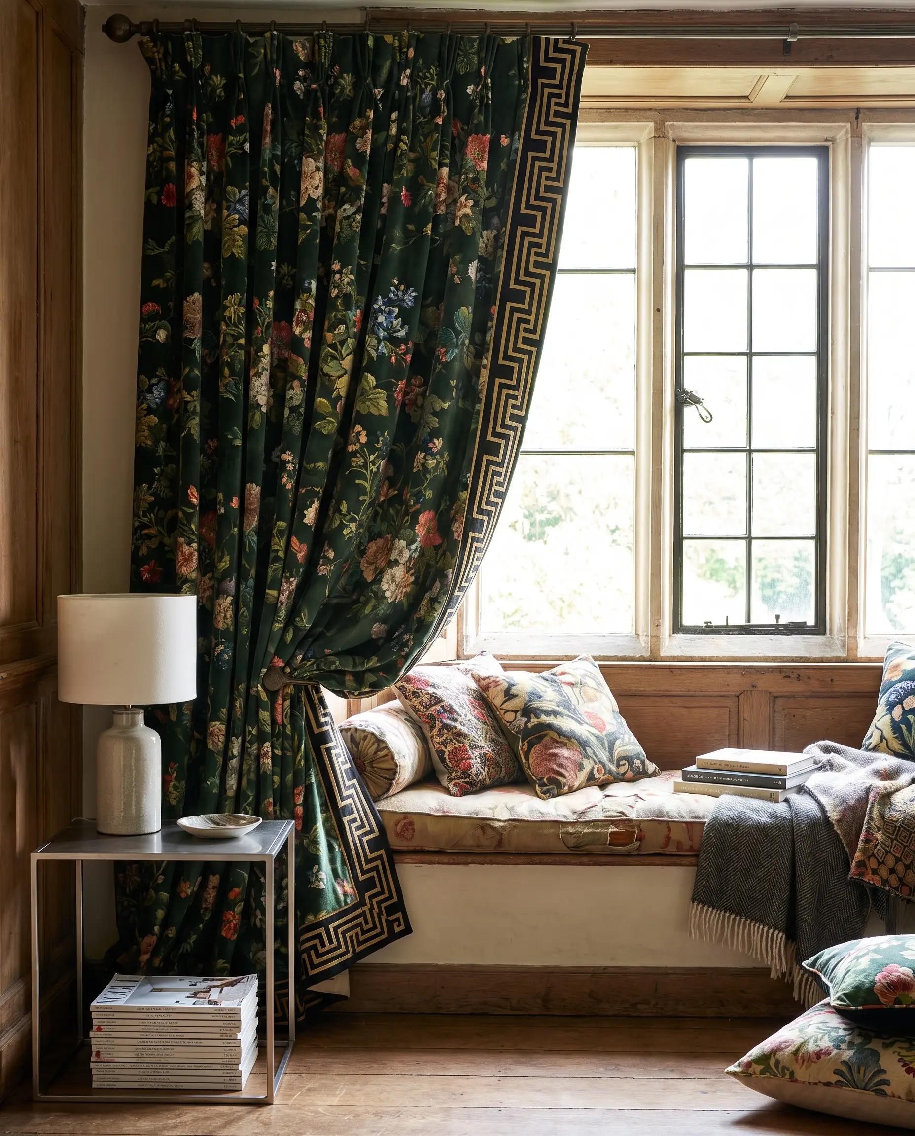 Sprawling English garden floral velvet drapery features a sharp 1920s stepped Deco geometric trim beside a cozy window seat and modern side table.