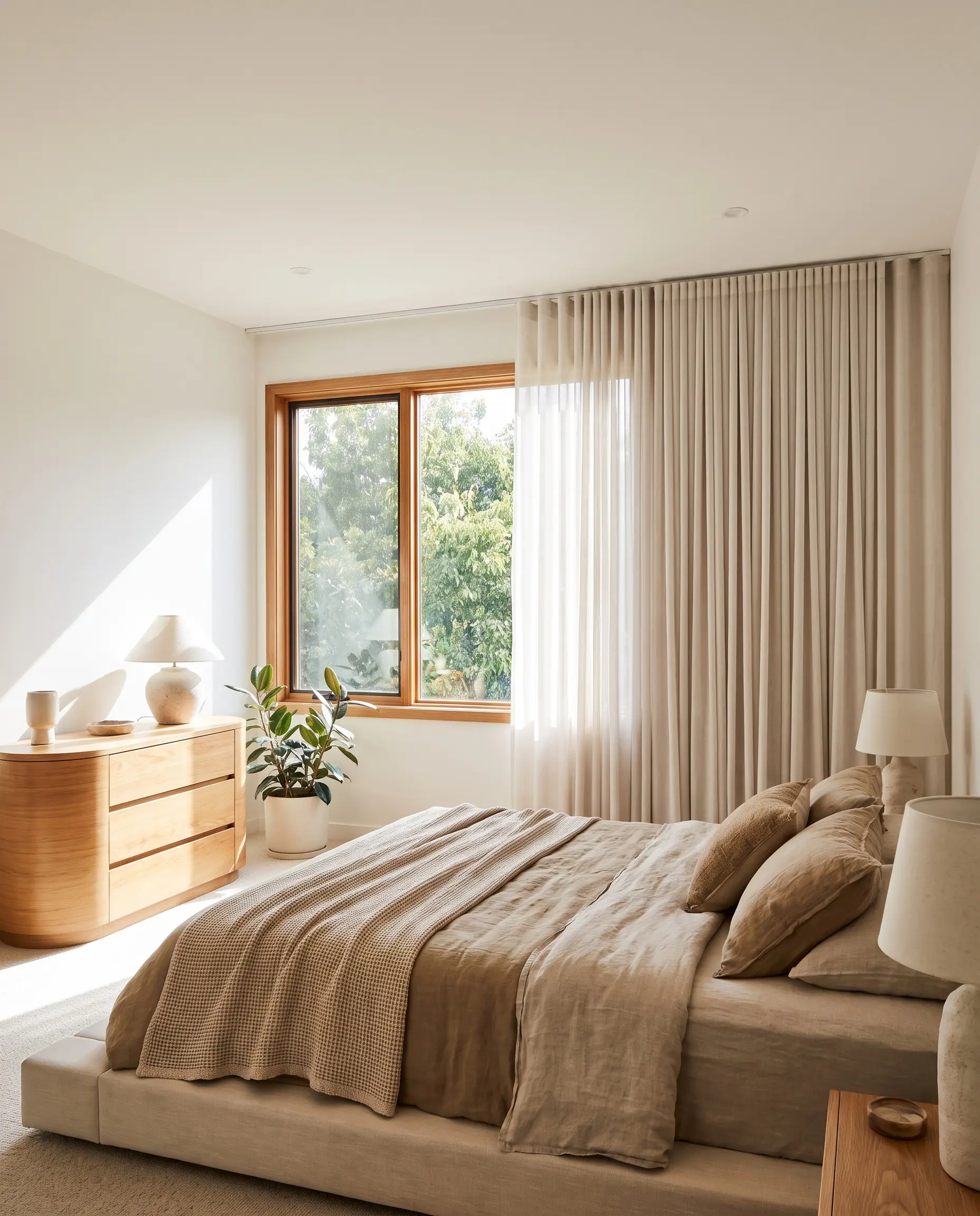 Binario a scorrimento in alluminio con micro-profilo a soffitto con tenda a onda Ripplefold e ingombro compatto in una camera da letto organic modern.