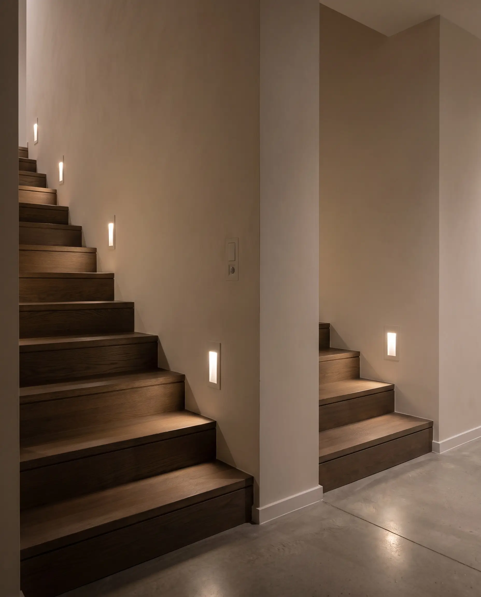 Plaster-in flush-mounted LED micro wall sconces installed seamlessly above a sleek white staircase skirting board illuminate hardwood stair treads in a modern transition zone.