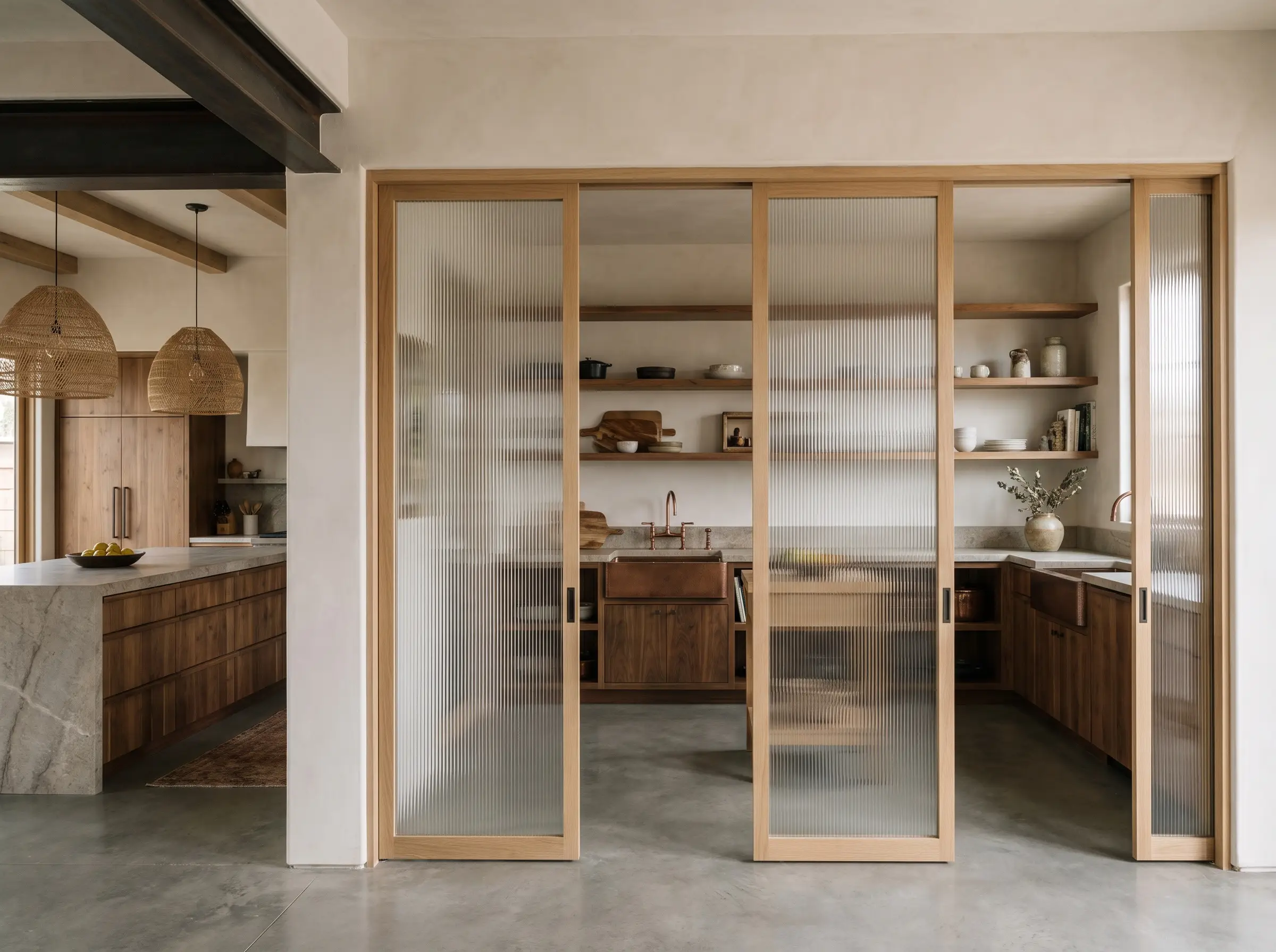 Solid white oak door frames hold tempered reeded fluted glass pocket doors that slide into structural framing to reveal bespoke cabinetry and a prep sink.
