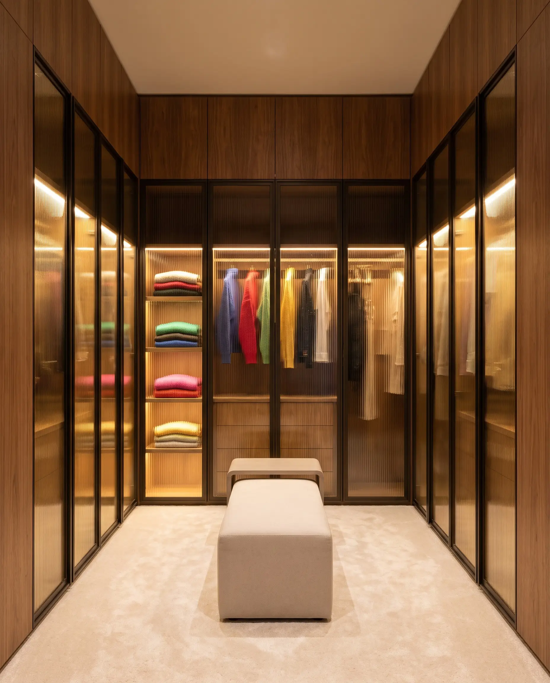 Bronze-tinted fluted reeded glass cabinet doors conceal clothing while glowing from internal warm LED extrusions in a bespoke walk-in closet.