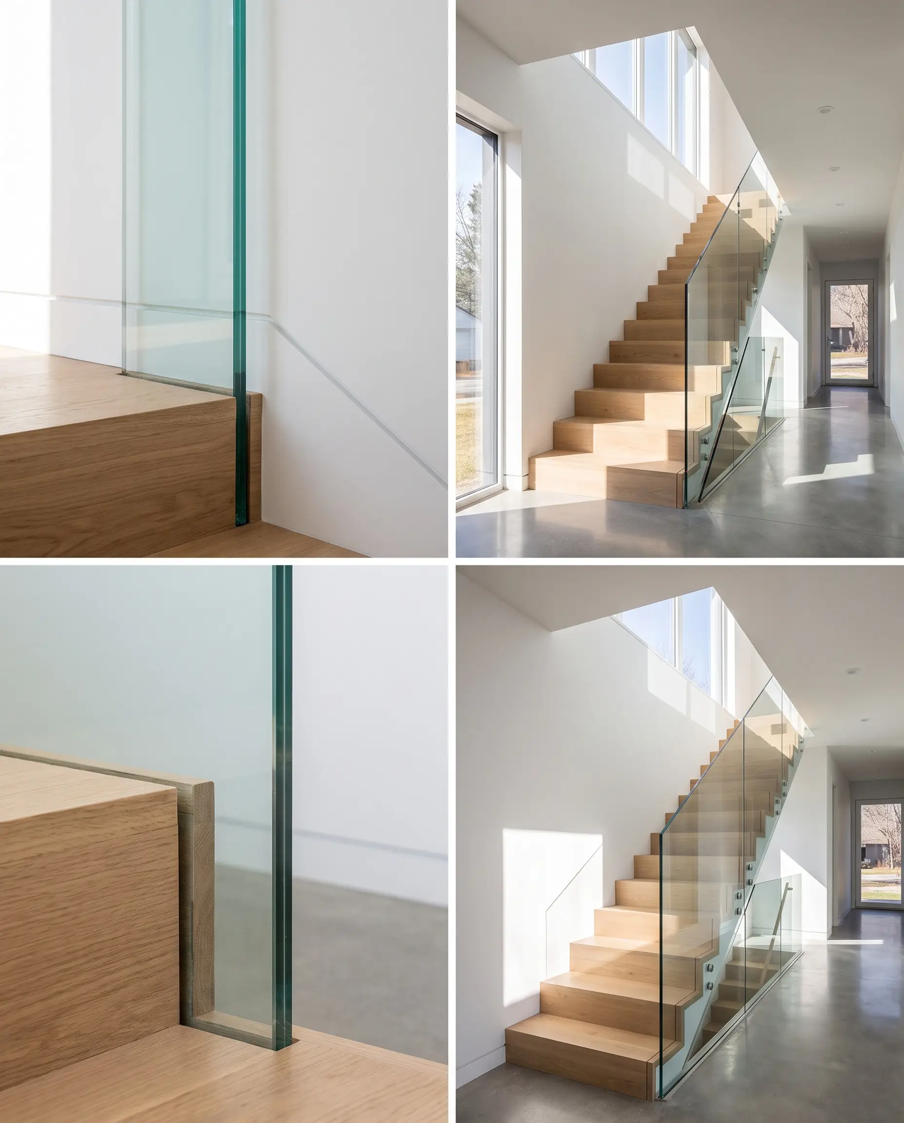 A frameless glass balustrade mounted seamlessly into recessed aluminum U-channels with flush white drywall borders warm wooden stair treads in a gallery-like modern home.