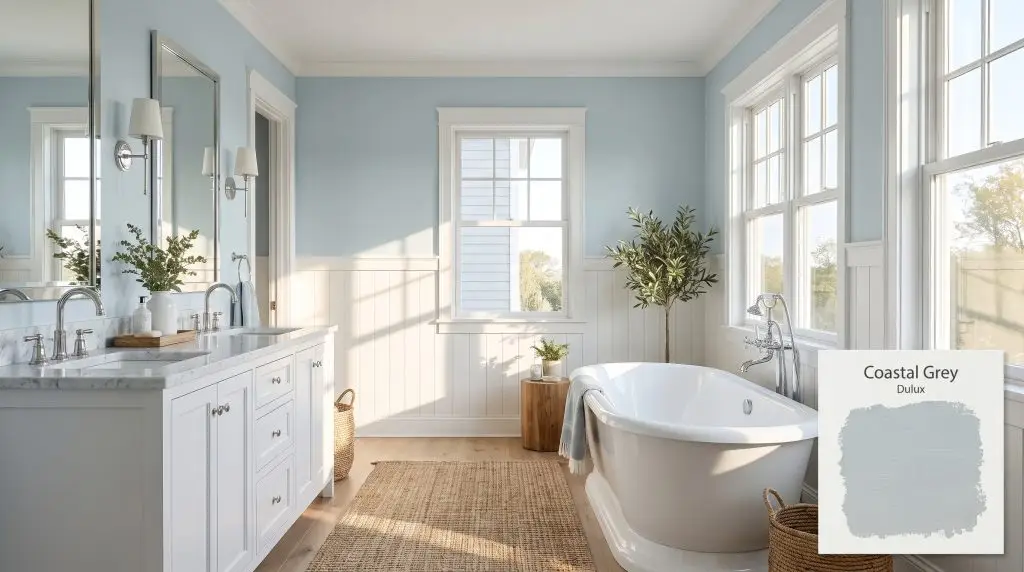 A freestanding tub and polished chrome fixtures stand out against crisp white wainscoting and upper walls painted in Dulux Coastal Grey (Hex #B8C7CC).