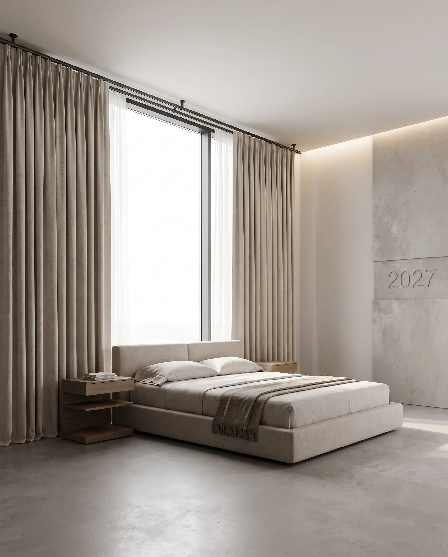 Tendaggi sartoriali su binario a scorrimento lineare con ritorno a parete in una camera da letto contemporanea.