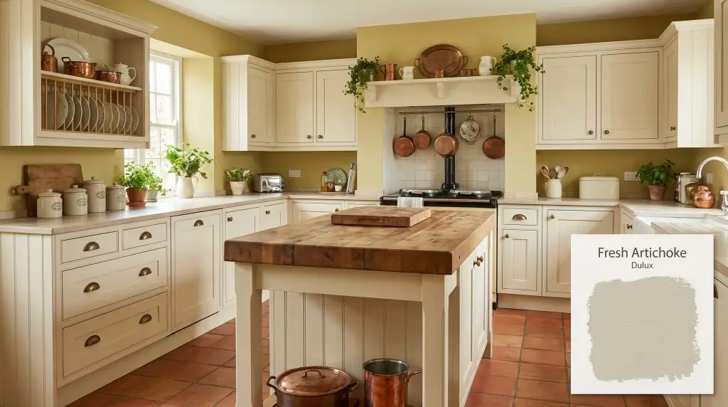 Cream-colored shaker cabinets and a butcher block island are surrounded by earthy Fresh Artichoke (Hex #C1BEA2) walls and terracotta flooring.