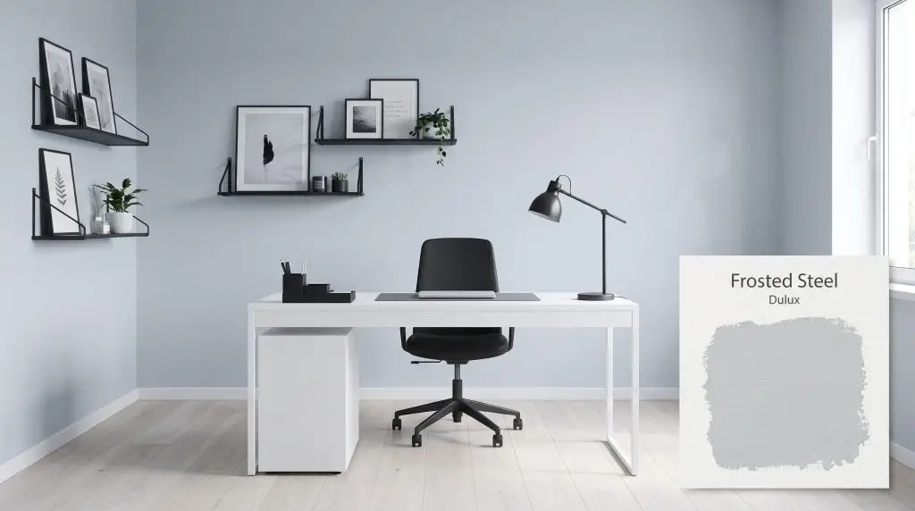 A modern workspace pairs a sleek white desk and matte black metal accents against icy Frosted Steel (Hex #D6DCE0) walls.