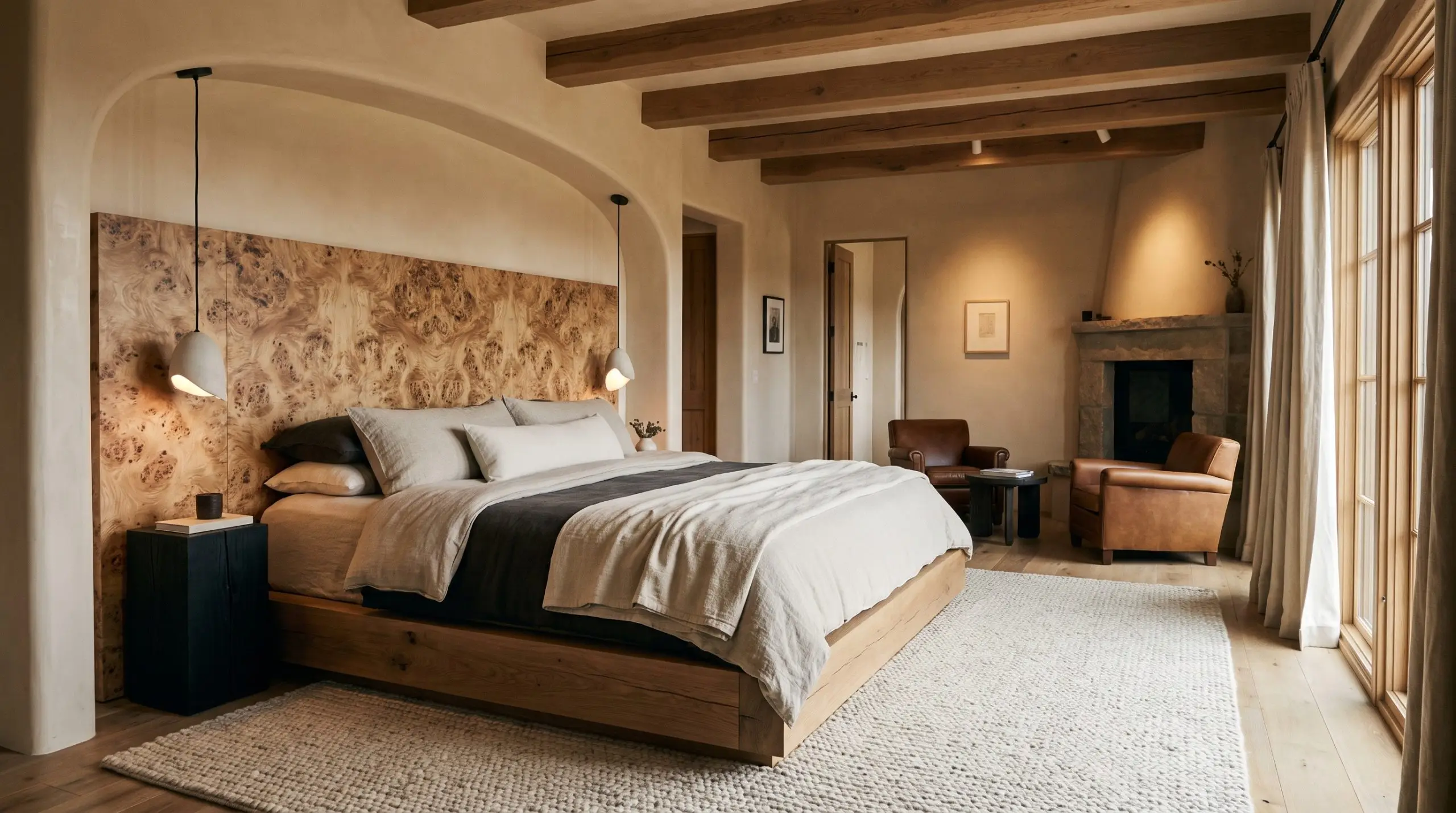 An FSC-certified Mappa burl wood veneer headboard contrasts against a heavy, grounded solid smoked white oak base on a large textured wool rug.