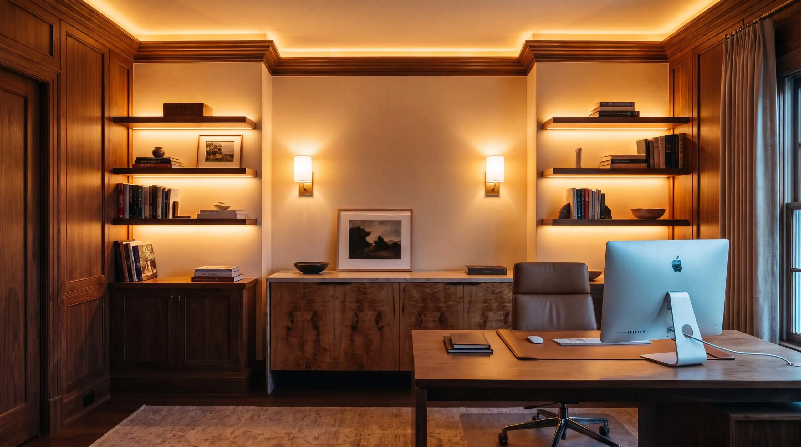 Rubans LED à blanc dynamique derrière des étagères suspendues et appliques en laiton diffusant un éclairage circadien sur un bureau de direction épuré.