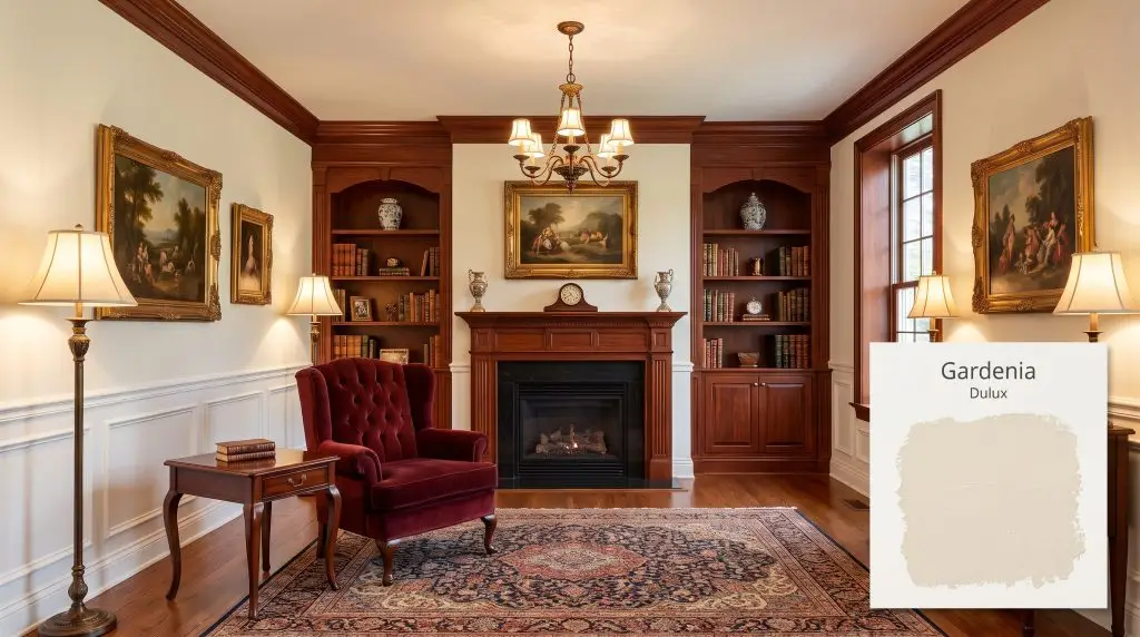 Traditional living space accented by rich mahogany wood, classic wainscoting, and a plush velvet armchair under warm lighting with Dulux Gardenia (Hex #F1E8D4) walls.