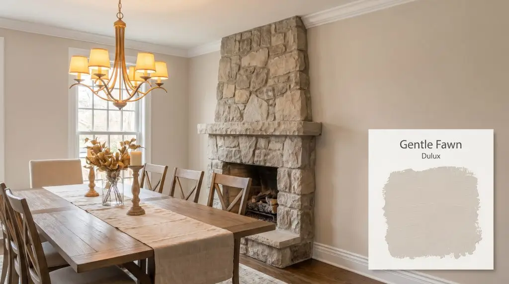 Warm chandelier light illuminates a rustic limestone fireplace and chalky white trim against walls coated in Dulux Gentle Fawn (Hex #D9CEC4).