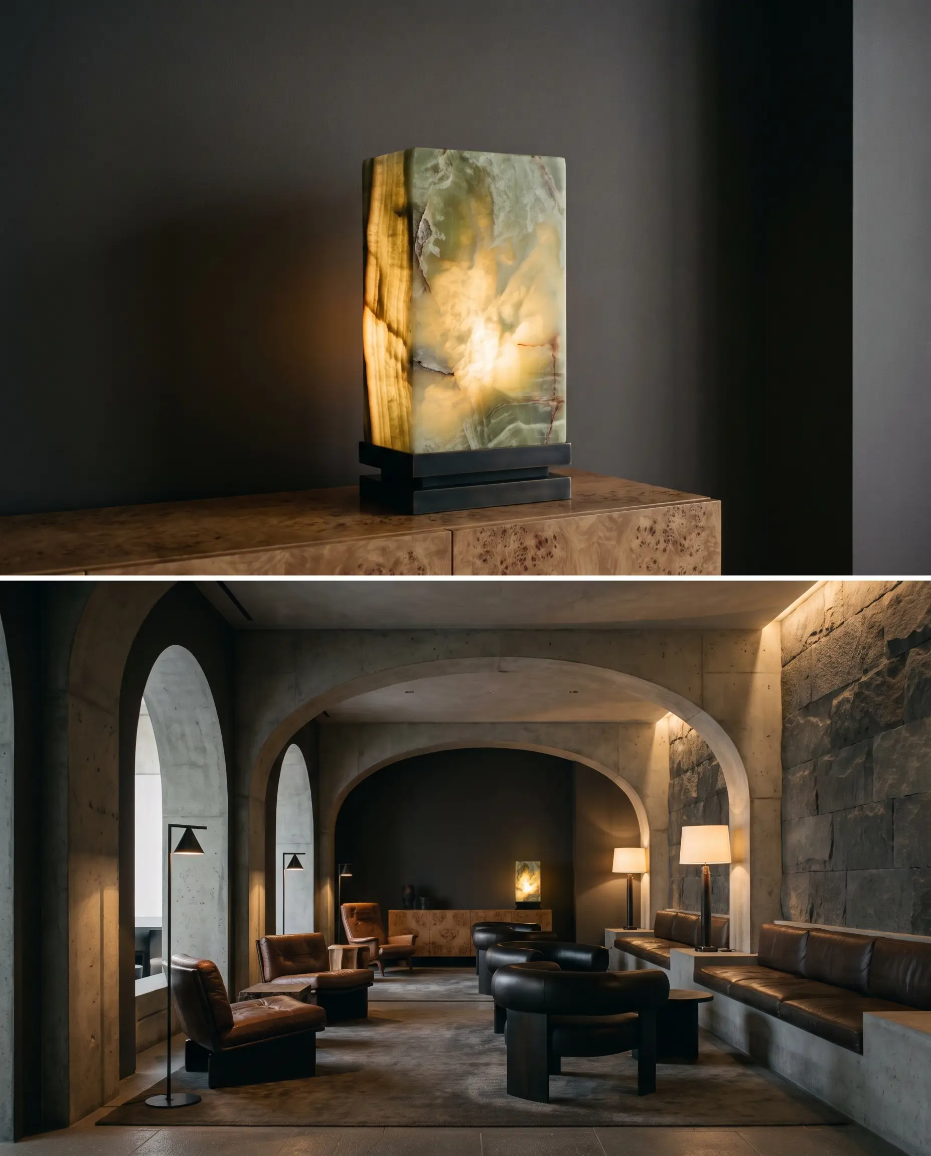 Lampe à poser monolithique en onyx vert avec socle en bronze noirci sur une enfilade en loupe de bois et murs peints en Tanner's Brown.
