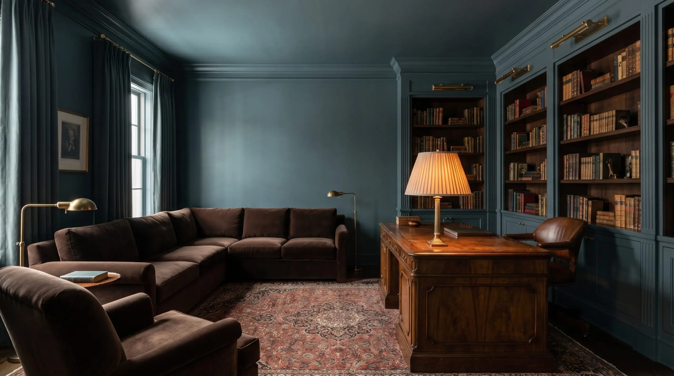 A color-drenched Hague Blue study features a rich European walnut desk, antique gold hardware, and a plush chocolate brown velvet seating arrangement.