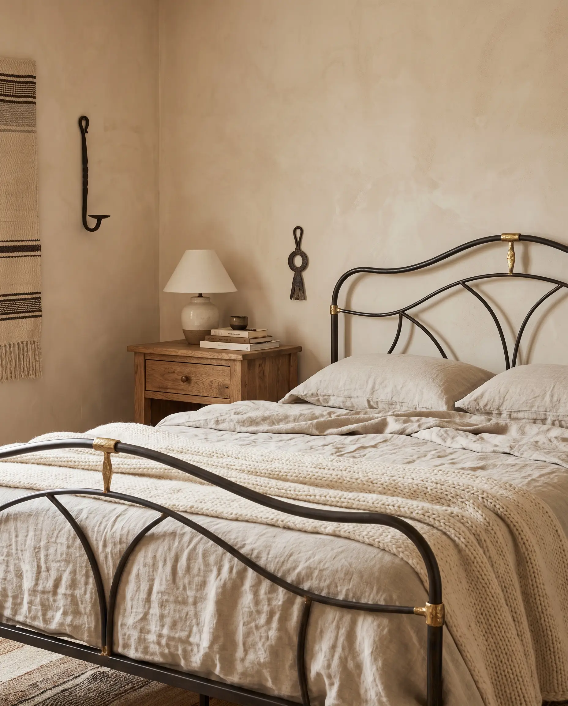 A hand-hammered wrought iron bed frame features curved silhouettes and elegant burnished brass joinery, dressed in washed linen sheets alongside an oak nightstand.