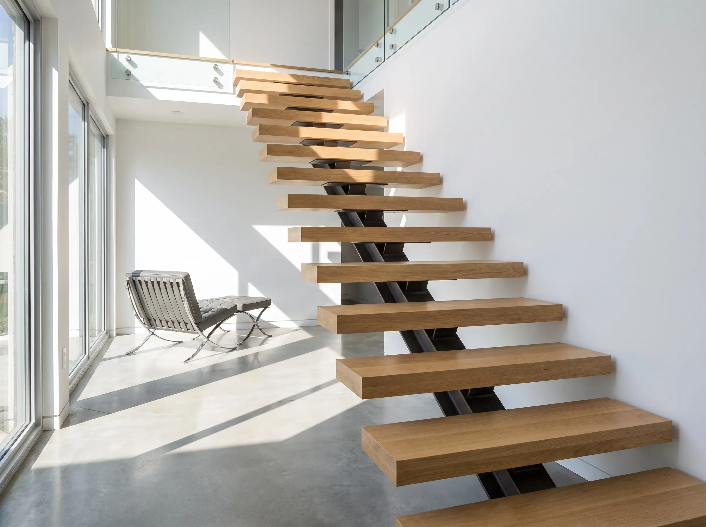 Thick solid wood treads anchored by a concealed steel mono-stringer ascend through an open-plan living space, highlighting 2027 staircase and railing trends.