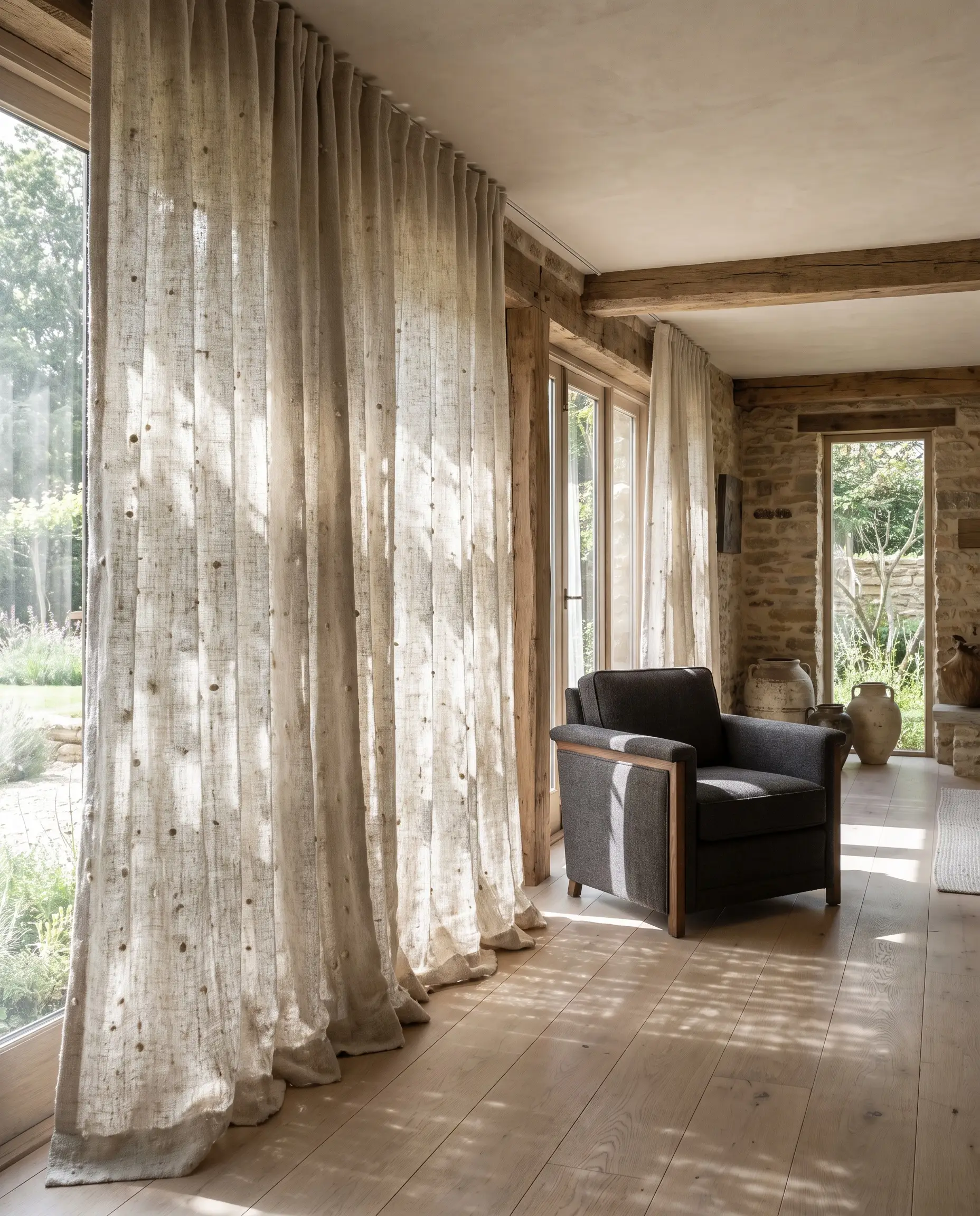 Rideaux en lin flammé européen lourd suspendus à un rail au plafond au-dessus d'un parquet en chêne clair près d'un fauteuil structuré dans un intérieur wabi-sabi.