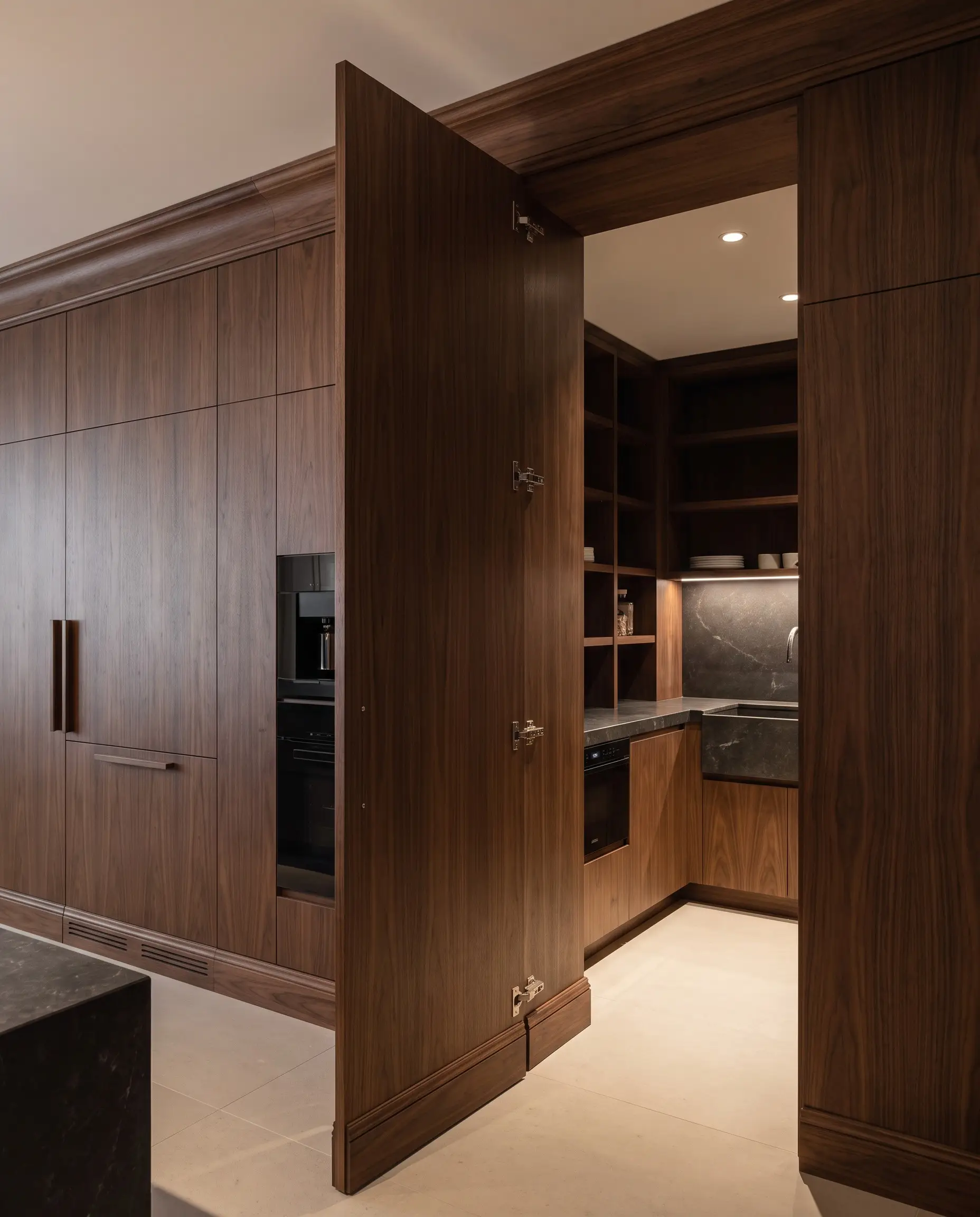 A continuous run of custom millwork pushes open on concealed pivot hinges to reveal the latest walk in pantry and scullery trends featuring stone counters.