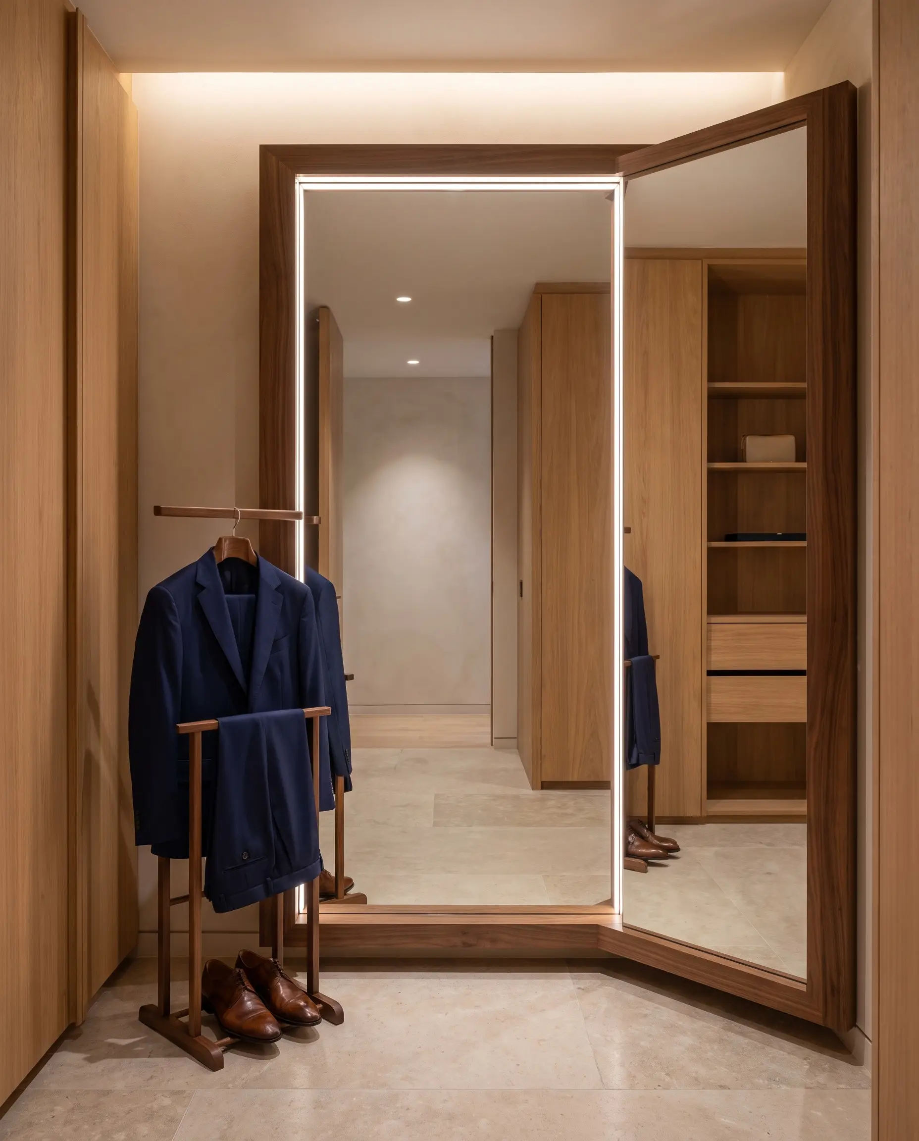 A dedicated full-length mirror station is illuminated by precision high Color Rendering Index bulbs casting crisp light on a navy blue suit.