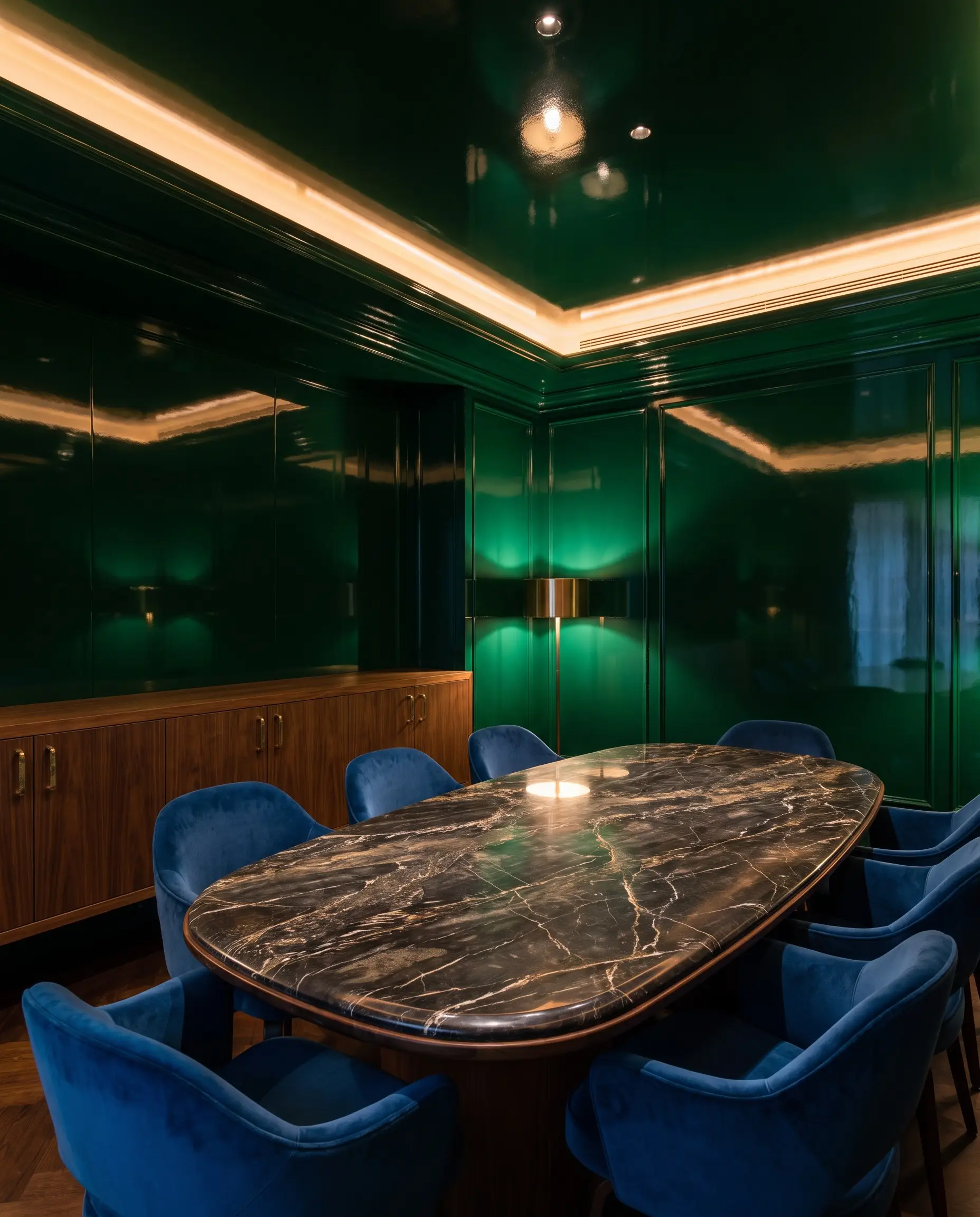 Brilliant high-gloss lacquered walls and ceilings surround a deeply veined breccia marble dining table and a built-in walnut credenza with unlacquered brass hardware.