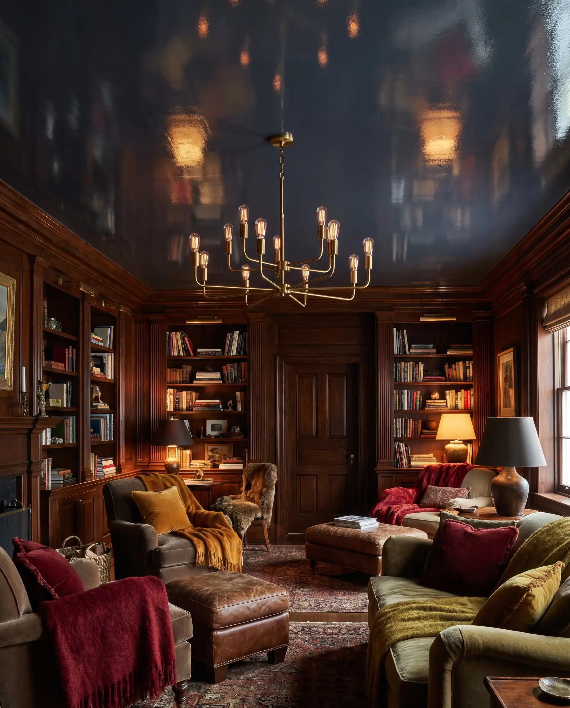 A polished unlacquered brass chandelier hangs from a high-gloss lacquer Titmouse Blue ceiling in a living room showcasing 2027 maximalism and eclectic interior trends.