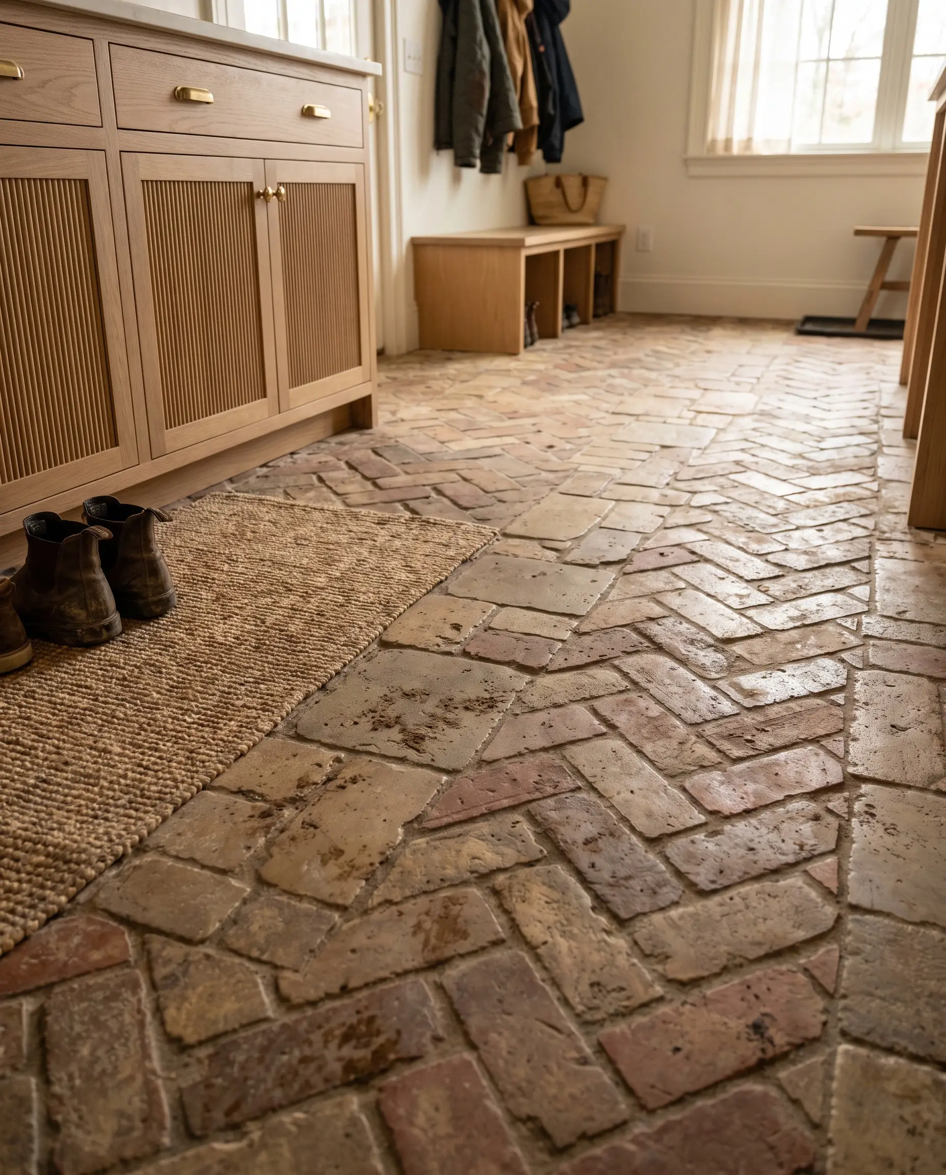 Heavily tumbled French limestone and reclaimed clay brick laid in a herringbone pattern provide durable footing for 2027 entryway and mudroom design trends.