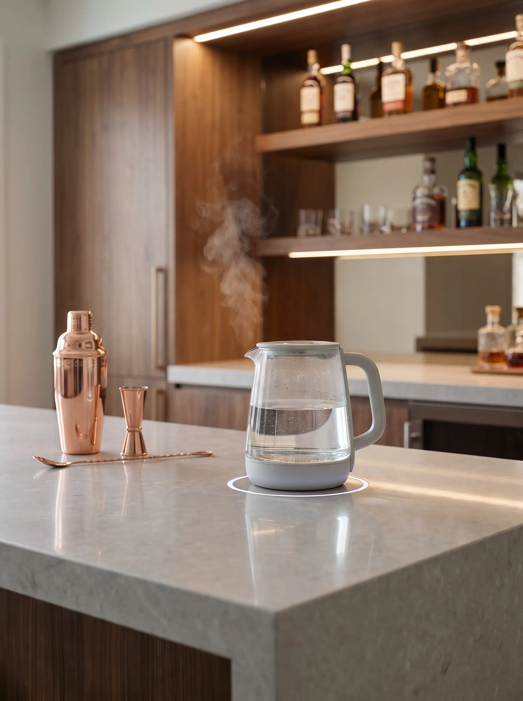 A modern glass kettle and mixology tools rest on a flawless porcelain slab countertop featuring an integrated invisible induction burner below custom floating shelves.