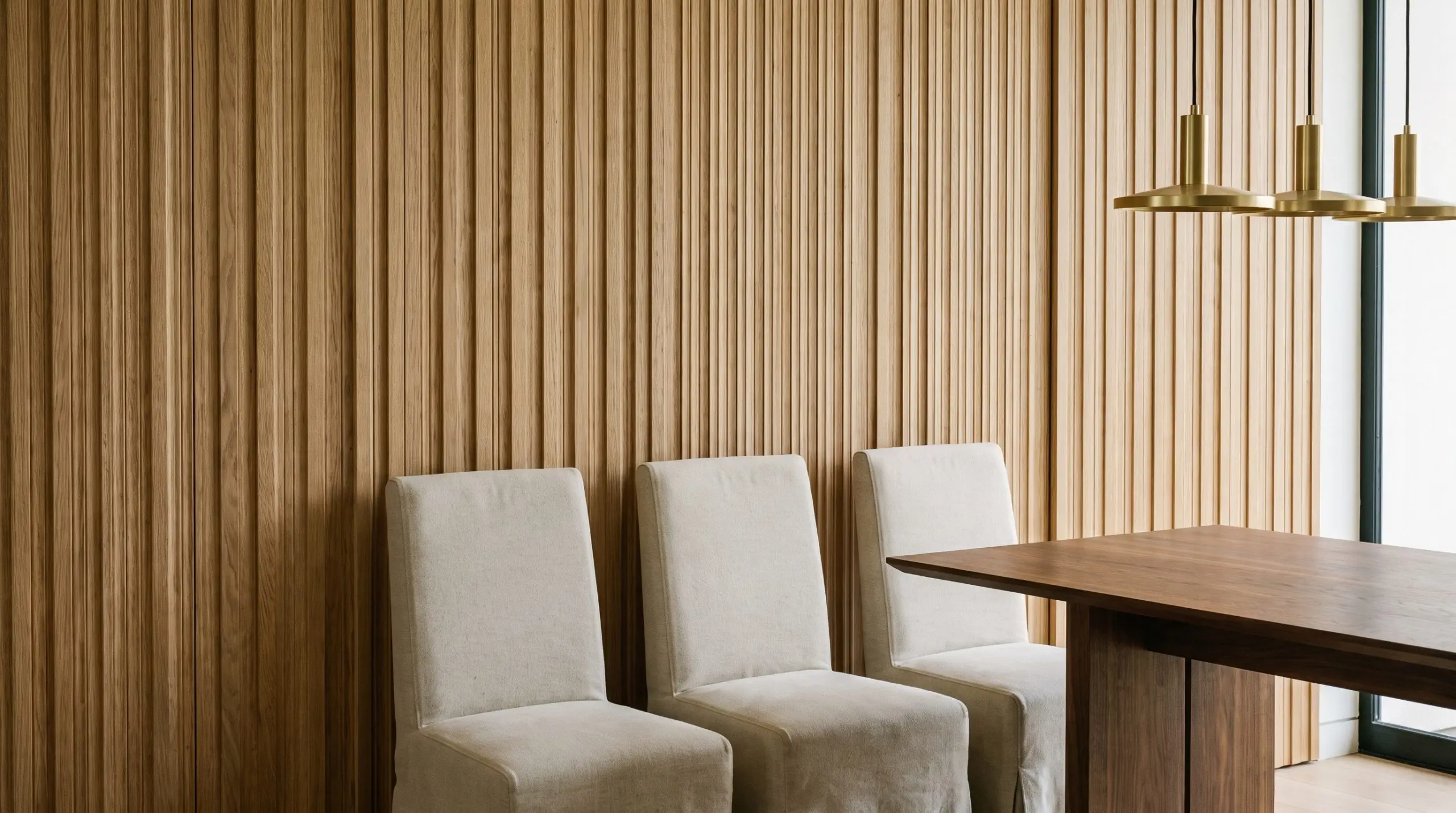 Chaises de salle à manger gainées de toile de coton brossé lourd devant des boiseries en chêne rainuré derrière une table minimaliste.