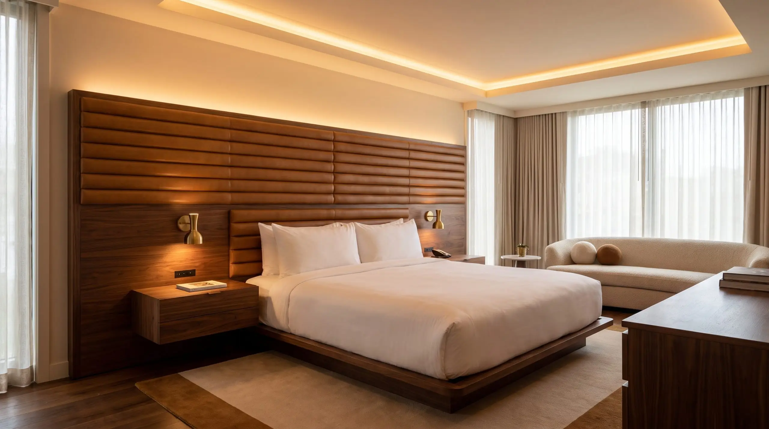 A hyper-extended custom walnut veneer and channeled leather headboard brackets floating nightstands, showcasing prominent 2027 bed frame headboard trends on a low-profile platform.