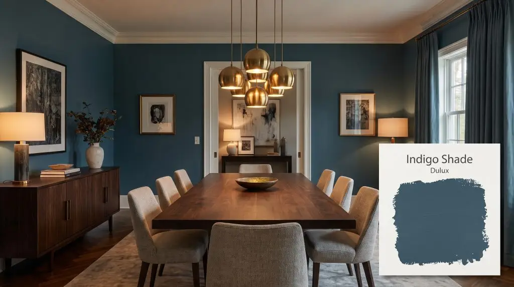 A dark walnut dining table and textured linen chairs are illuminated by brass pendant lighting in a room painted Dulux Indigo Shade (Hex #315368).