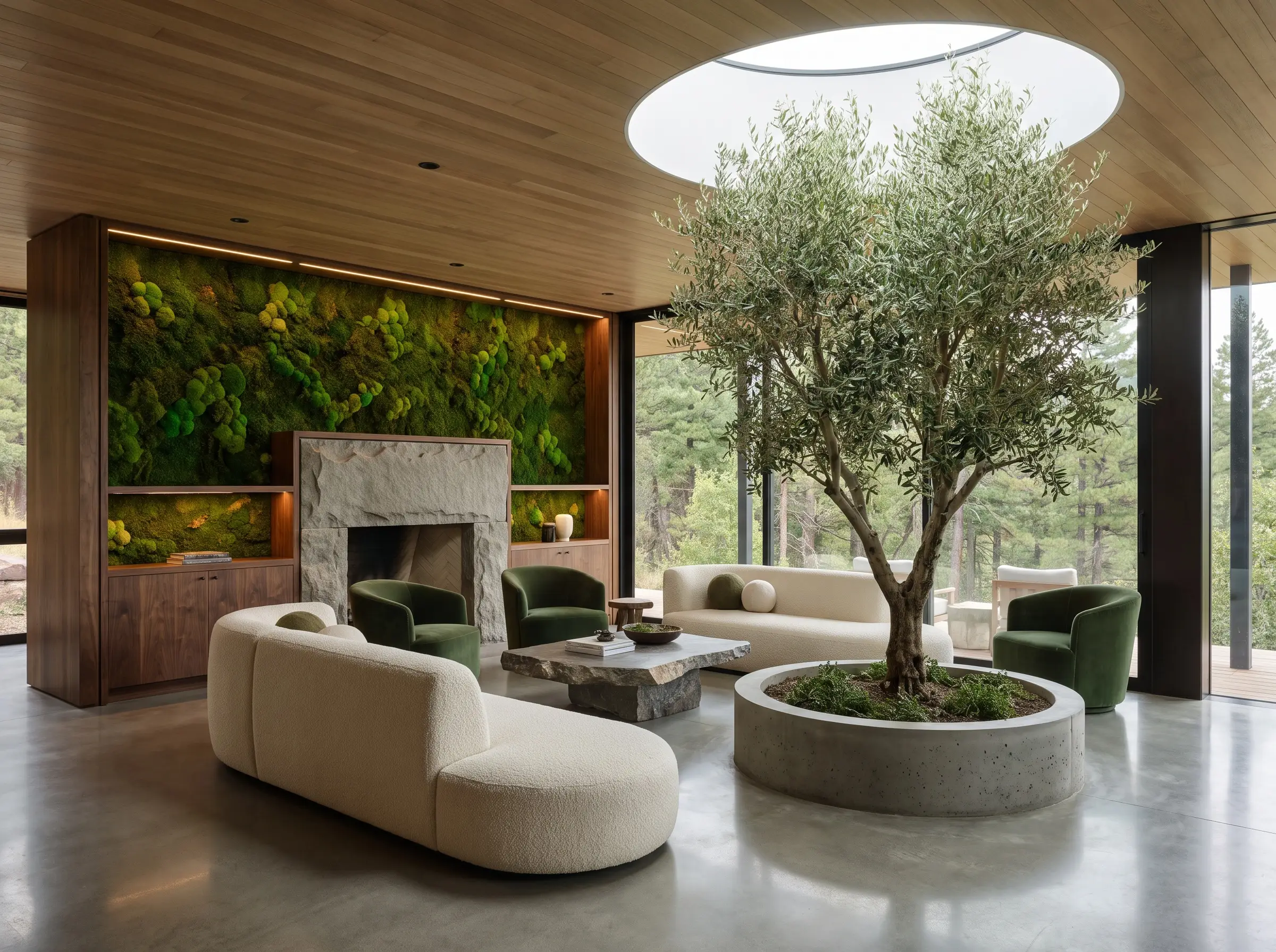 A towering indoor olive tree in a cast-concrete planter and a living moss wall engineered into dark walnut millwork showcase biophilic living room design trends.