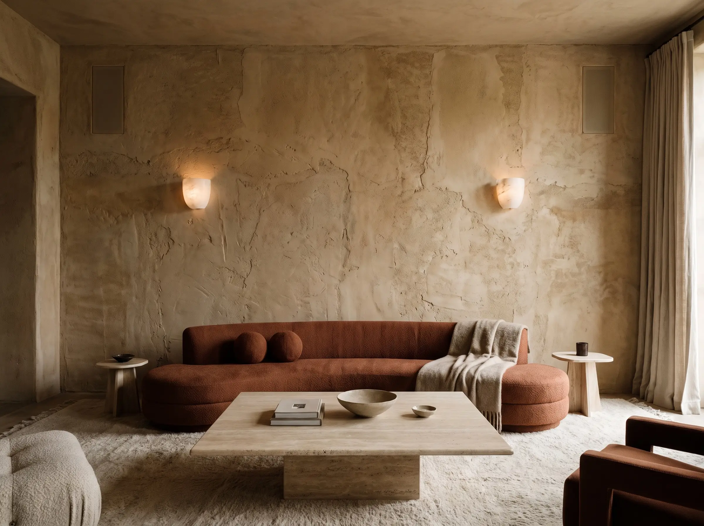 Highly textured hand-troweled plaster walls provide acoustic softness behind a low-profile curved sofa in heavy jacquard weave and a deeply veined travertine coffee table.