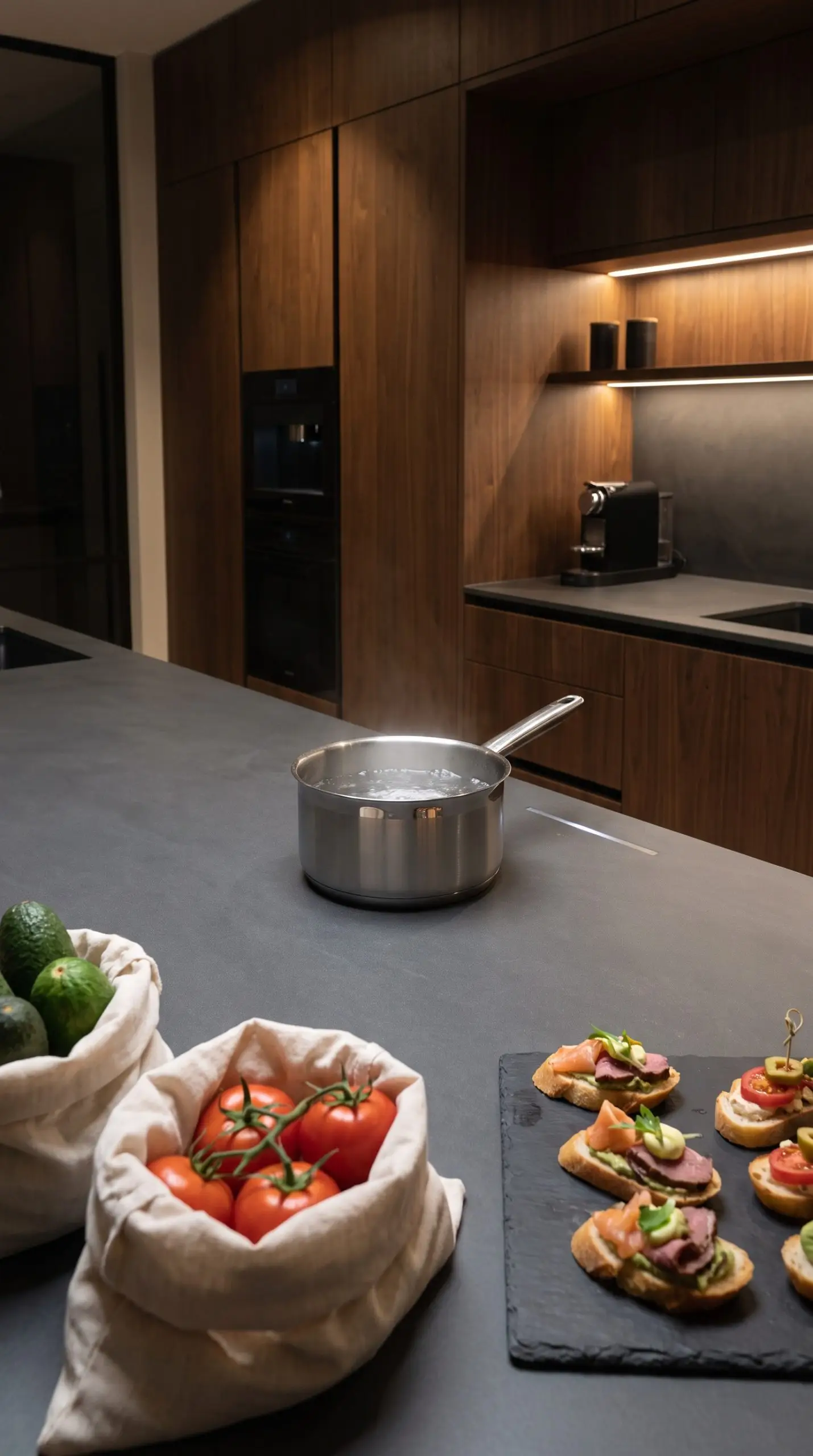 A pot of boiling water sits directly on a flat expanse of ultra-compact porcelain stone featuring under-counter invisible induction technology surrounded by bespoke cabinetry.